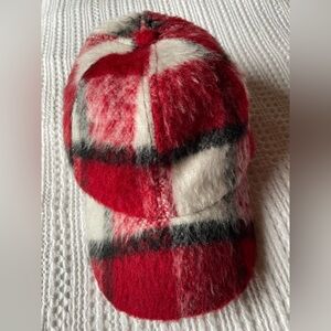 Free People Red, White & Black Plaid Fuzzy Cap